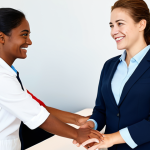 A compassionate female service professional, fully clothed in a modest, smart casual uniform, is gently interacting with a diverse, non-English speaking customer at a clean, modern reception desk. The professional displays a genuine, empathetic smile and maintains warm eye contact, subtly nodding to convey understanding and reassurance through non-verbal cues. The customer appears relieved and understood. The background is a brightly lit, welcoming customer service environment. perfect anatomy, correct proportions, natural pose, well-formed hands, proper finger count, natural body proportions, professional photography, high quality, safe for work, appropriate content, fully clothed, professional.