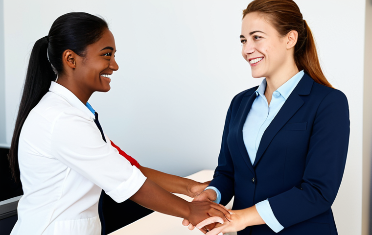 A compassionate female service professional, fully clothed in a modest, smart casual uniform, is gently interacting with a diverse, non-English speaking customer at a clean, modern reception desk. The professional displays a genuine, empathetic smile and maintains warm eye contact, subtly nodding to convey understanding and reassurance through non-verbal cues. The customer appears relieved and understood. The background is a brightly lit, welcoming customer service environment. perfect anatomy, correct proportions, natural pose, well-formed hands, proper finger count, natural body proportions, professional photography, high quality, safe for work, appropriate content, fully clothed, professional.