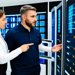 A diverse team of professional IT specialists, including male and female service managers, in modest business casual attire, standing around a large interactive screen displaying complex system architecture and data flow diagrams. They are actively collaborating and engaged in a focused discussion, illustrating effective teamwork within a modern, well-lit data center environment. This image portrays a professional and family-friendly scene, ensuring all subjects are fully clothed with appropriate attire, perfect anatomy, correct proportions, natural poses, well-formed hands, proper finger count, and natural body proportions. The overall image quality is high-resolution photography, safe for work, and appropriate content.