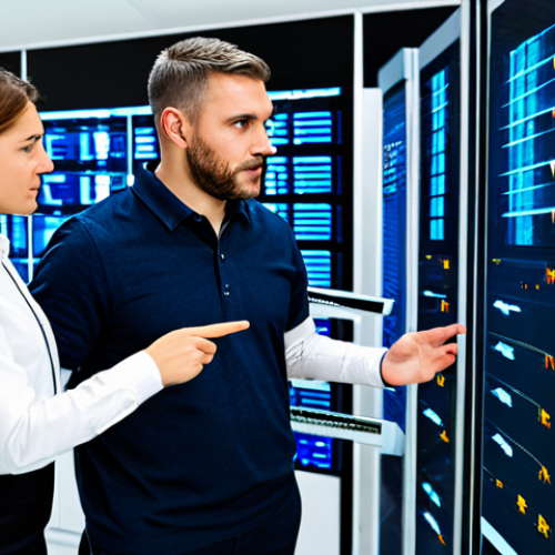 Home 20 A diverse team of professional IT specialists, including male and female service managers, in modest business casual attire, standing around a large interactive screen displaying complex system architecture and data flow diagrams. They are actively collaborating and engaged in a focused discussion, illustrating effective teamwork within a modern, well-lit data center environment. This image portrays a professional and family-friendly scene, ensuring all subjects are fully clothed with appropriate attire, perfect anatomy, correct proportions, natural poses, well-formed hands, proper finger count, and natural body proportions. The overall image quality is high-resolution photography, safe for work, and appropriate content.