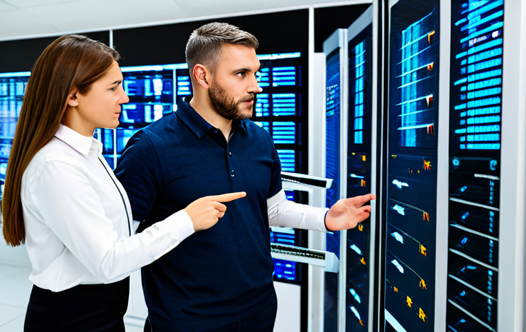 A diverse team of professional IT specialists, including male and female service managers, in modest business casual attire, standing around a large interactive screen displaying complex system architecture and data flow diagrams. They are actively collaborating and engaged in a focused discussion, illustrating effective teamwork within a modern, well-lit data center environment. This image portrays a professional and family-friendly scene, ensuring all subjects are fully clothed with appropriate attire, perfect anatomy, correct proportions, natural poses, well-formed hands, proper finger count, and natural body proportions. The overall image quality is high-resolution photography, safe for work, and appropriate content.